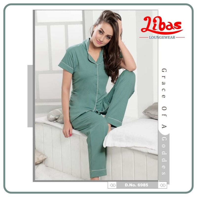 Plain Sage Green Hosiery Plus Women Collar Night Suit From Libas Loungewear - FPS089 Plain Sage Green Hosiery Plus Women Collar Night Suit From Libas Loungewear - FPS089