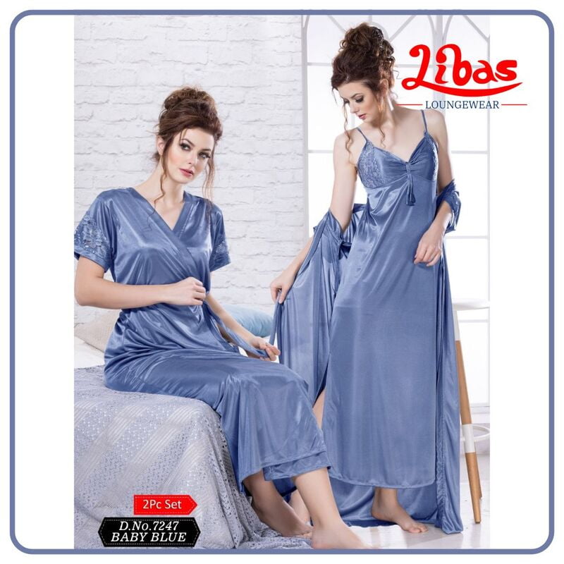 Plain Baby Blue Satin Two Piece Fancy Nighty From Libas Loungewear - FCN140 Plain Baby Blue Satin Two Piece Fancy Nighty From Libas Loungewear - FCN140