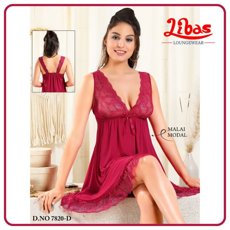 Plain Cardinal Colored Malai Fancy One Piece Baby Doll Night Dress From Libas Loungewear - FCN182 Plain Cardinal Colored Malai Fancy One Piece Baby Doll Night Dress From Libas Loungewear - FCN182