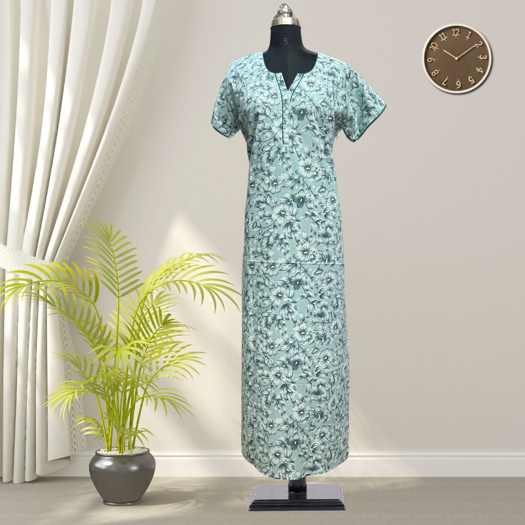 Sky Green Soft Cotton Nighty With All Over From Libas Loungewear - AL1099 Sky Green Soft Cotton Nighty With All Over From Libas Loungewear - AL1099