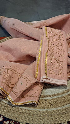 Peach Pink Jamdani Saree with Golden Katdana Work Peach Pink Jamdani Saree with Golden Katdana Work