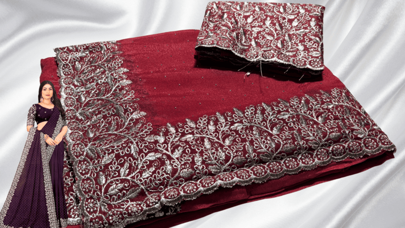 Ferrari Marble Silver Designer Saree - Red Rose
