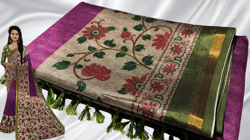 Chanderi Silk Digital Floral Saree - Purple Plum