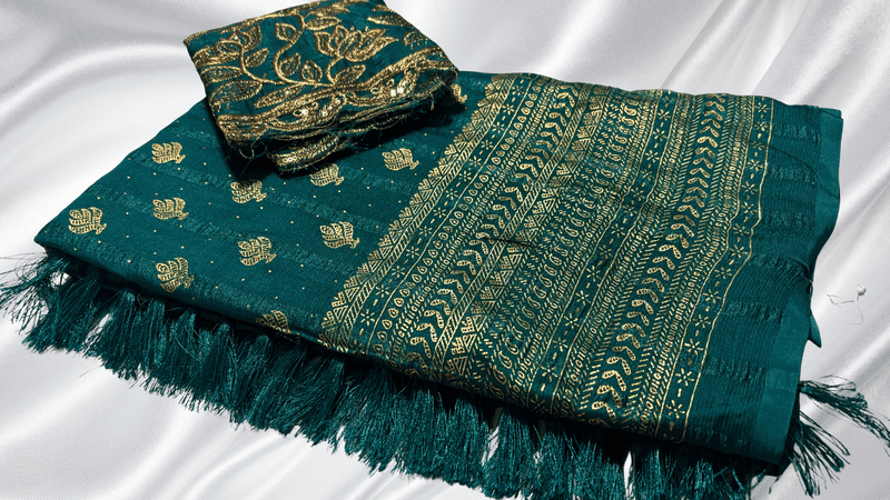 Popcorn Gold Foil Designer Saree - Pine Green