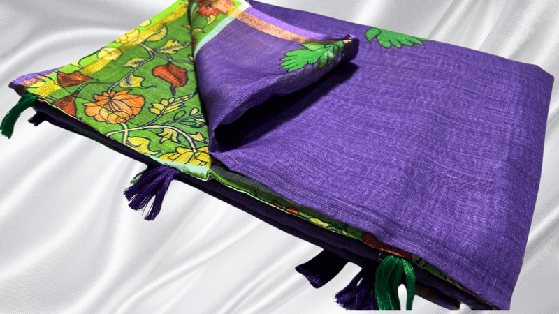Kalankari Linen Cotton Saree - Purple