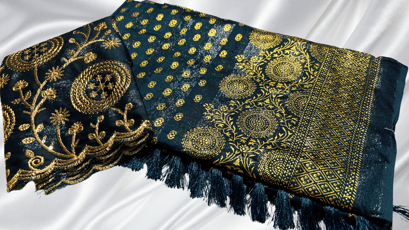 Marble Designer Foil Work Saree - Blueish Green