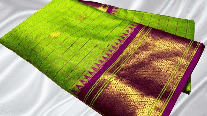 Fancy Soft Kanchi Check Silk Saree - Parrot Green