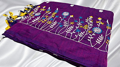 Khadi Cotton Floral Embroidery Saree - Violet Khadi Cotton Floral Embroidery Saree - Violet