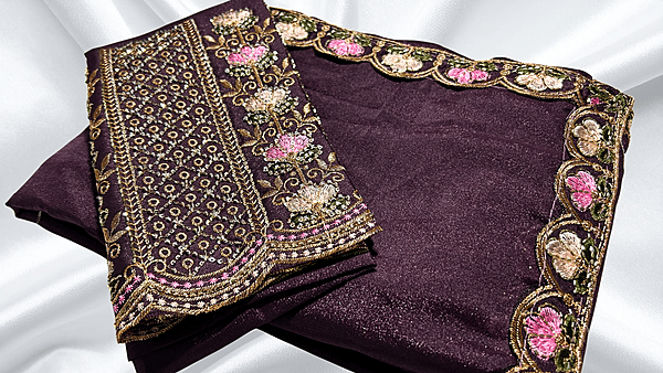 Natural Diamond Shimmer Designer Saree - Dark Plum