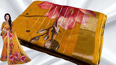 Femina Linen Cotton Floral Saree - Dark Yellow