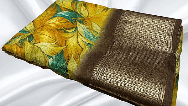 Fancy Soft Silk Jari Leaf Saree - Yellow Brown