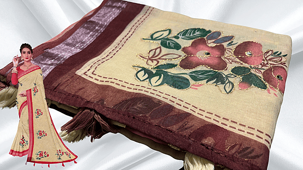 Linen Aari Work Sandal Saree - Brown