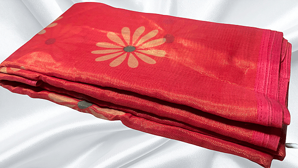 Brasso Cotton Digital Flower Saree - Red Orange