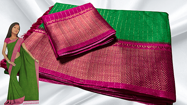 Mangalam Soft Vaira Oosi Saree - Green & Pink