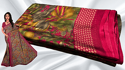 Black Rangoli Distort Floral Saree - Rani Pink