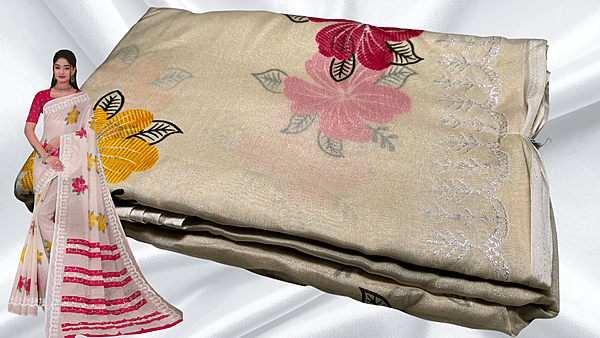 Suchitra Floral Silver Print Saree - Cream