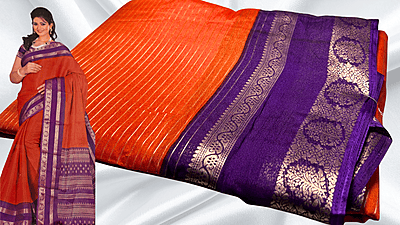 Fine Crep Gold Line Saree - Rust Orange & Purple Fine Crep Gold Line Saree - Rust Orange & Purple