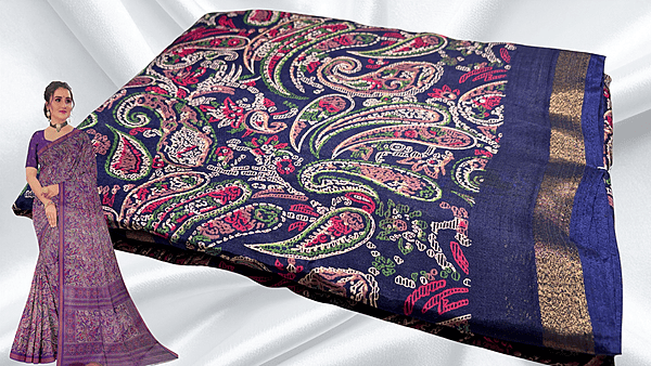 Kashmiri Silk Gold Patta Saree - Dark Blue