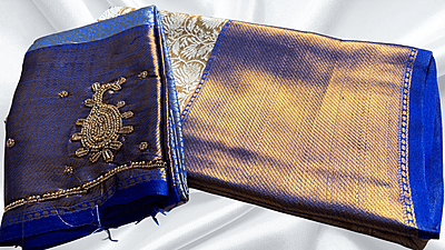 Ambani Silk Saree & Aari Work Blouse - Ink Blue