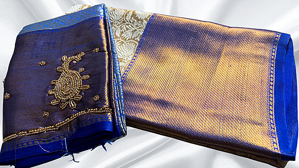 Ambani Silk Saree & Aari Work Blouse - Ink Blue