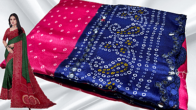 Bandhani Mirror Silk Saree - Pink & Navy Bandhani Mirror Silk Saree - Pink & Navy
