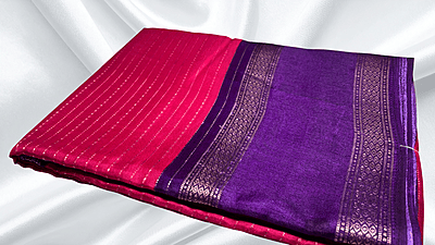 Falgunai Fancy Gold Line Saree - Rani Pink & Purple