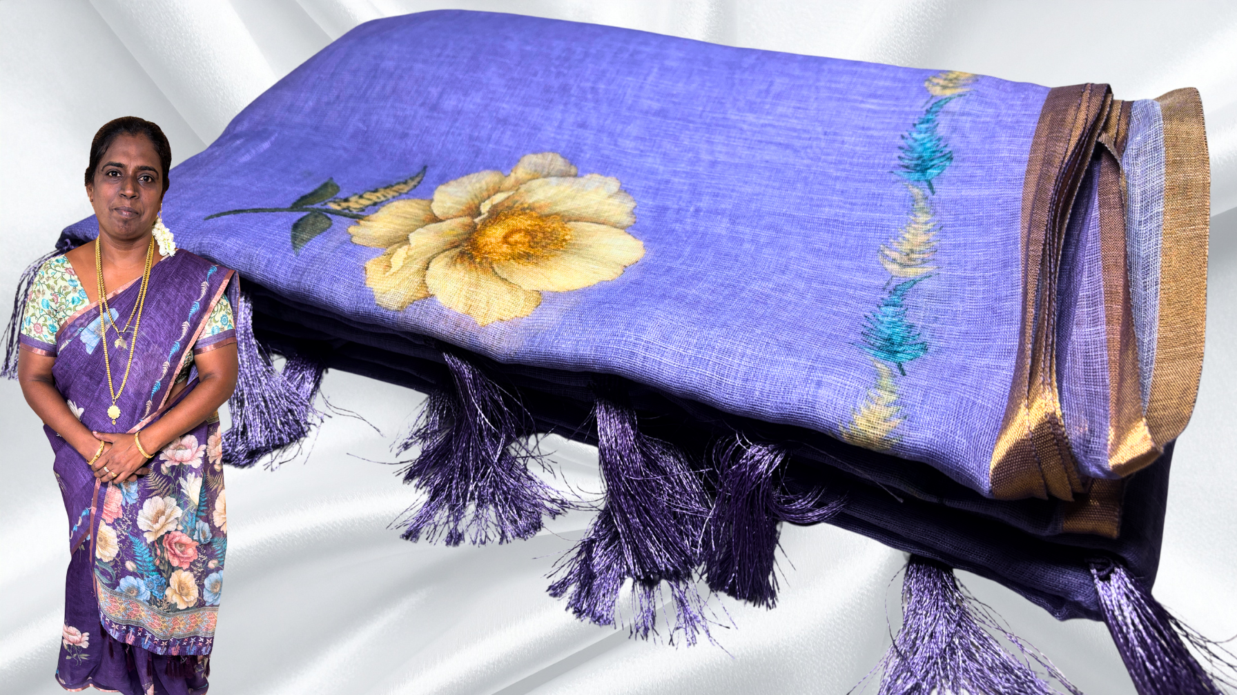 Sindoor Linen Cotton Floral Saree - Plum Sindoor Linen Cotton Floral Saree - Plum