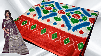 Pushpa Pure Cotton Saree - Red Blue Green Pushpa Pure Cotton Saree - Red Blue Green