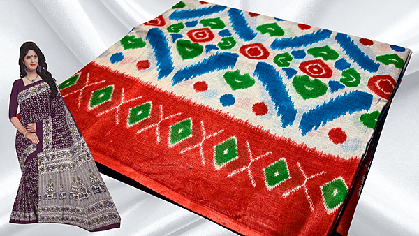 Pushpa Pure Cotton Saree - Red Blue Green