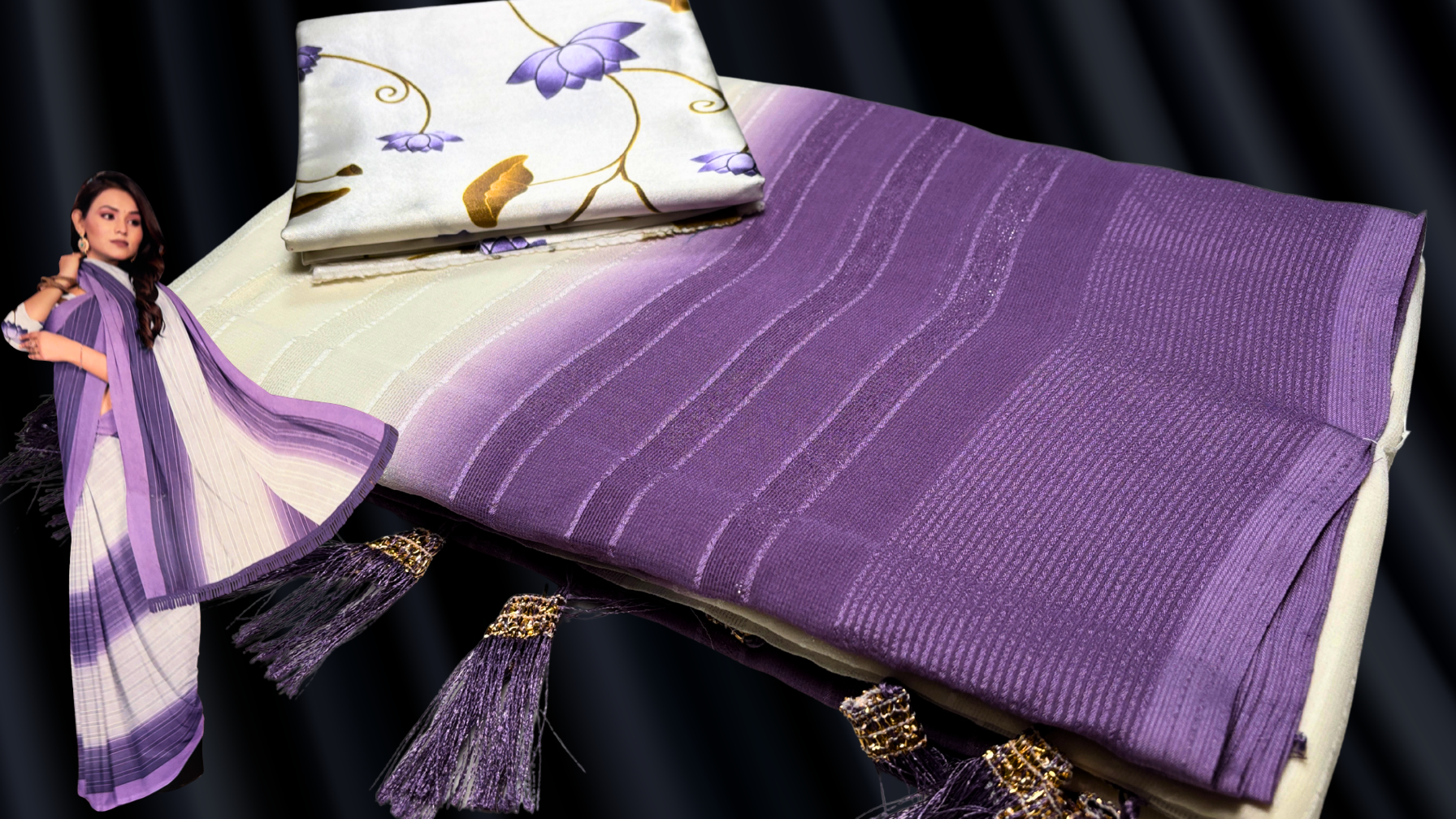 Saramita White Chiffon Silver Line Saree - Lavendar