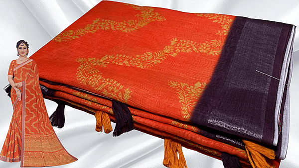 Full Speed necklace Linen Saree - Rust Orange & Dark Plum