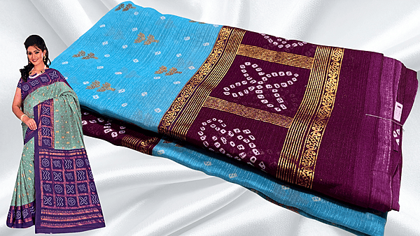 Bandhani Gold Foil Print Saree - Turquoise
