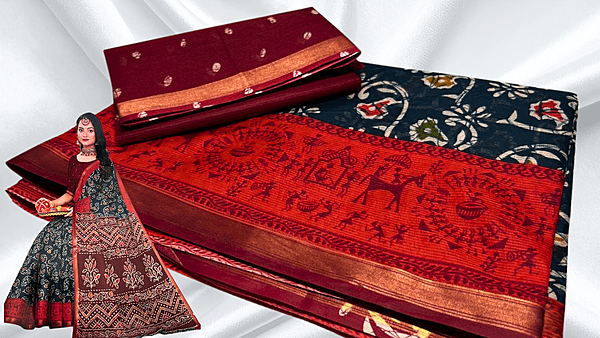 Golden Border Pure Cotton Saree - Blue Black & Red