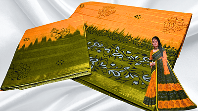 Batik Jari Pure Cotton Saree - Mango & Leaf