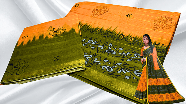 Batik Jari Pure Cotton Saree - Mango & Leaf