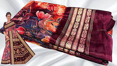 Gold Coin Viscose Digital Floral Foil Saree - Dark Plum