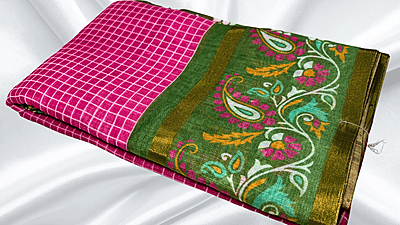 Bentex Cotton Digital Checks Saree - Magenta & Leaf Green Bentex Cotton Digital Checks Saree - Magenta & Leaf Green