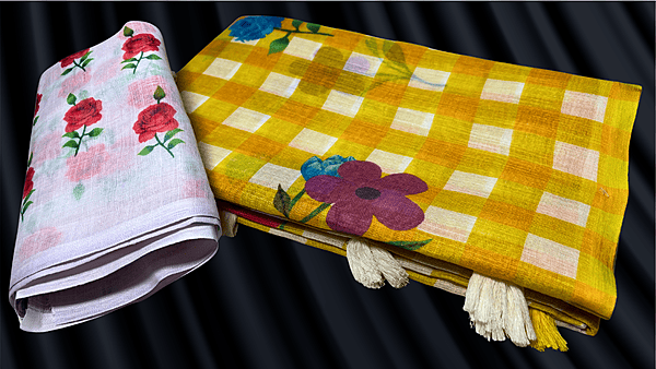 Linen White Chex Saree - Yellow