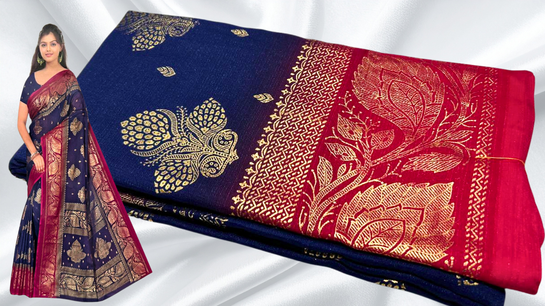 Bhumika Gold Foil Leaf Saree - Navy Blue & Rani Pink