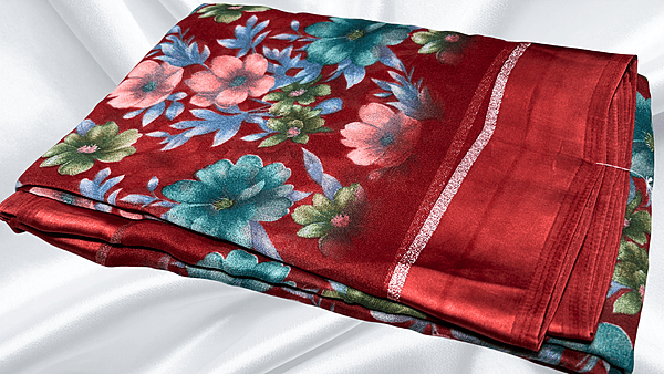 Rich Lady Floral Satin Saree - Red