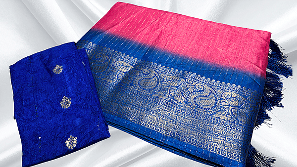 Range Rover Gold Line Jari Saree - Bubllegum & Dark Blue