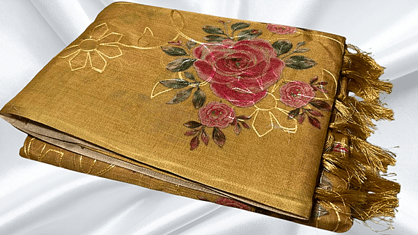 Tissue Silk Thread Work Aari Saree - Mustard Gold