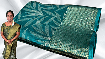 Black Beauty Leaf Gold Saree - Aqua Green