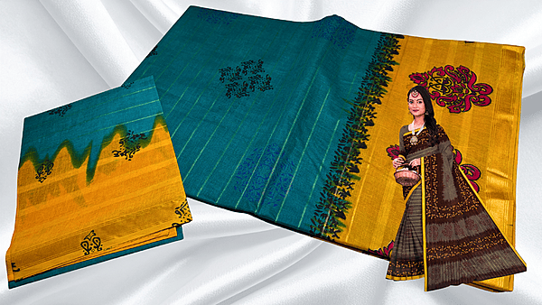 Batik Jari Pure Cotton Saree - Blue Green & Mustard