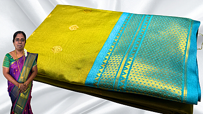 Kanchi Semi Real Silk Saree - Leaf Green & Turquoise Kanchi Semi Real Silk Saree - Leaf Green & Turquoise