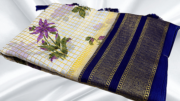 Red Rose Fancy Gold Foil Saree - Navy Blue