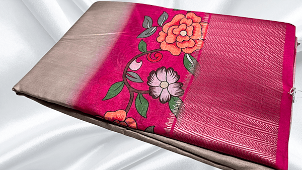 Soft Jequard Silk Floral Saree - Cream & Pink