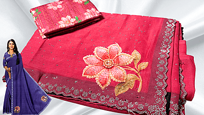 Jamuni Marble Stone Work Floral Saree - Red Pink Jamuni Marble Stone Work Floral Saree - Red Pink