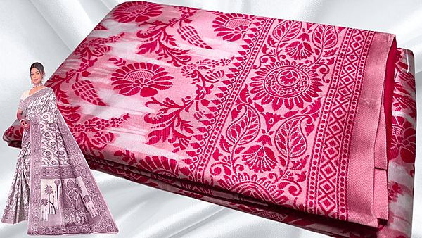 Sada Special White Thread Work Saree - Rani Pink