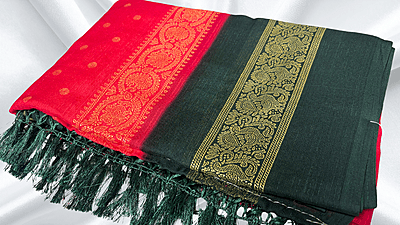 Red Label Chiffon Soft Foil Saree - Red & Pine Green Red Label Chiffon Soft Foil Saree - Red & Pine Green